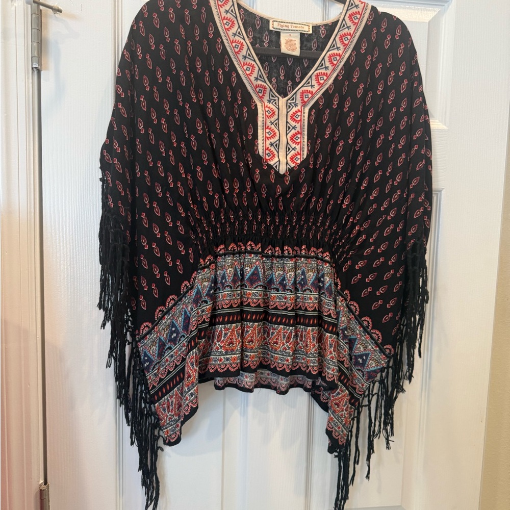 Anthropologie Flying Tomato Black Fringe Tunic with Red and Blue Folk Print
